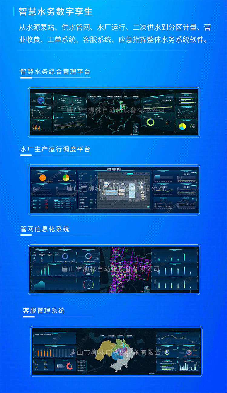 智慧水務數字孿生系統從水源泵站、供水管網、水廠運行、二次供水到分區計量、營業收費、工單系統、客服系統、應急指揮整體水務系統軟件。