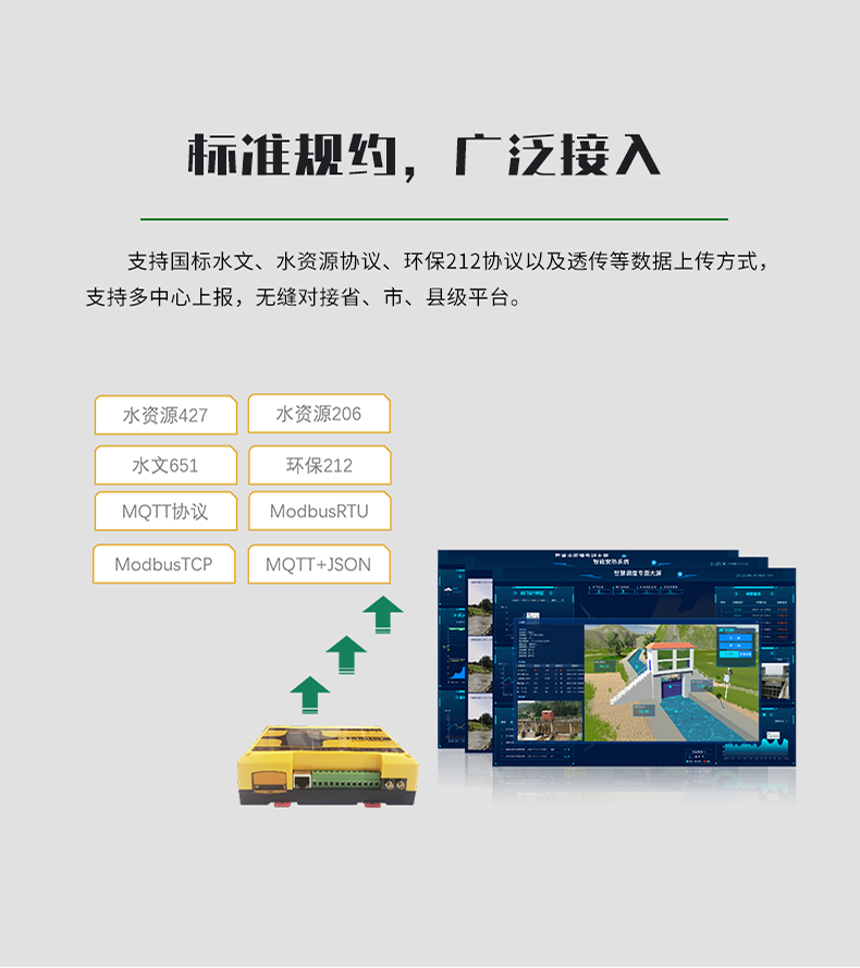 標準規(guī)約，廣泛接入。支持國標水文、水資源協議、環(huán)保212協議以及透傳等數據上傳方式 支持多中心上報，無縫對接省、市、縣級平臺。