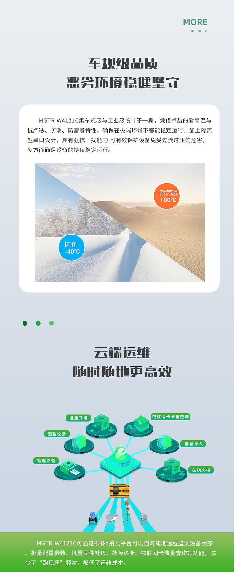 車規(guī)級品質 惡興環(huán)境穩(wěn)健堅守。MGTR-W4121C集車規(guī)級與工業(yè)級設計于一身，憑借卓越的耐高溫與 抗嚴寒、防潮、防雷等特性，確保在極端環(huán)境下都能穩(wěn)定運行。加上隔離 型串口設計，具有強抗干擾能力,可有效保護設備免受過流過壓的危害， 多方面確保設備的持續(xù)穩(wěn)定運行。云端運維 隨時隨地更高效。MGTR-W4121C可通過柳林e拍云平臺可以隨時隨地遠程監(jiān)測設備狀態(tài) 批量配置參數、批量固件升級、故障診斷、物聯網卡流量查詢等功能，減 少了“跑現場”頻次，降低了運維成本。