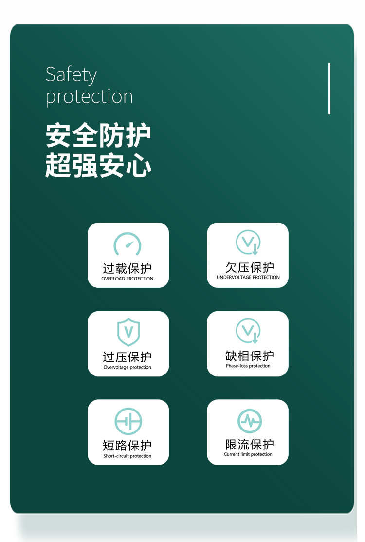安全防護 超強安心。對過載、欠壓、過壓、缺相、短路、限流等狀況實現(xiàn)智能保護。